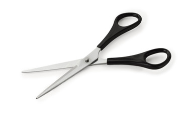Stationery steel scissors with black plastic handle on white