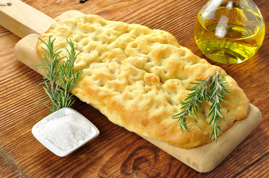 Focaccia with rosemary, coarse salt and olive oil