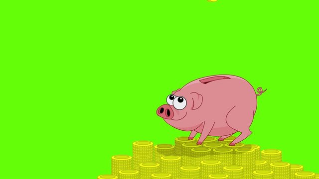 Pink pig money box and falling coins. Green screen