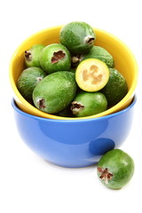Ripe feijoa fruit in bowl.