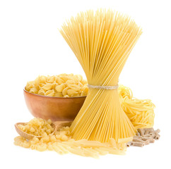 pasta and wooden spoon on white