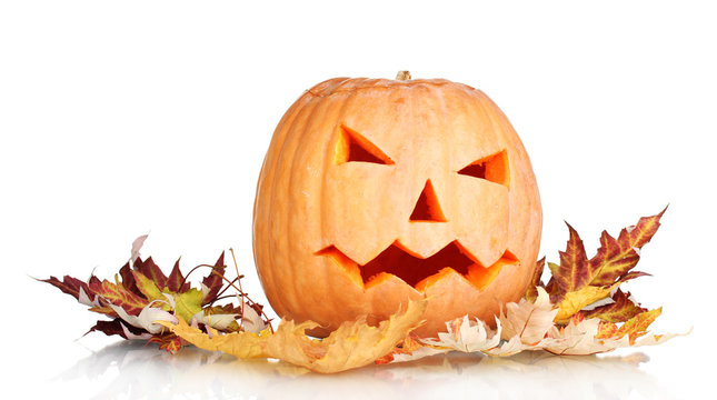 Halloween Pumpkin and autumn leaves isolated on white