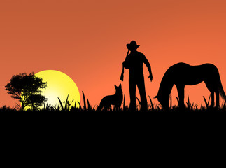 Fototapeta na wymiar cowboy, dog and horse