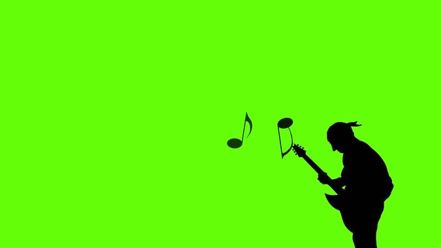 Musician playing guitar and music flying. Green screen