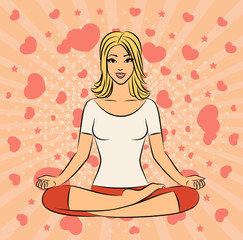 Beautiful woman sitting in yoga lotus position.