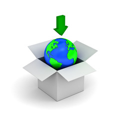 Download concept, earth globe in a white box