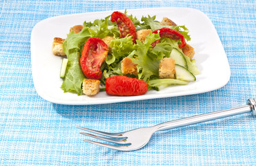 Green Salad with sun dried tomatoes over blue background
