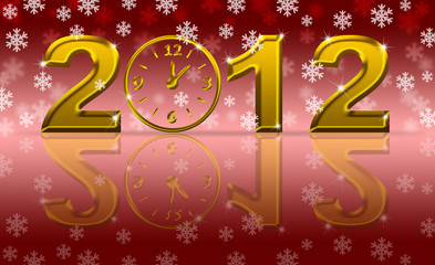 Gold 2012 Happy New Year Clock with Snowflakes