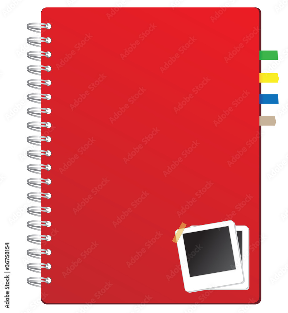 Poster red notebook and photo frame