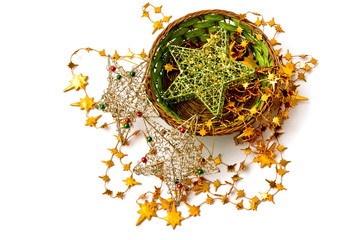 Christmas decorations: stars in a wicker vase