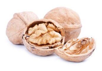 closeup of a walnut isolated on white background