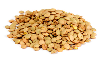 Brown lentils scattered on white background