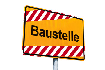 Ortseingangsschild mit Baustelle