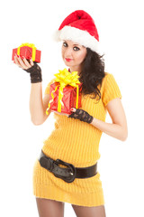 Fun santa woman with christmas gift