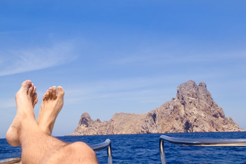 Ibiza relaxed Es Vedra boat bow view