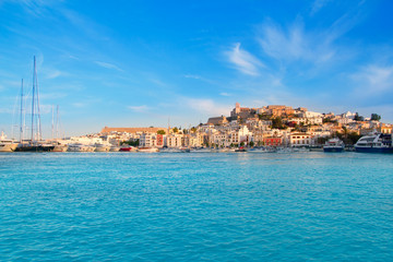Ibiza Eivissa town with blue Mediterranean