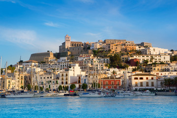 Ibiza Eivissa town with blue Mediterranean