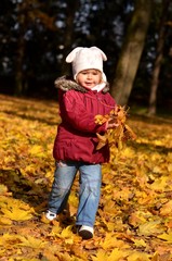 Petite fille l'automne la tenue des feuilles