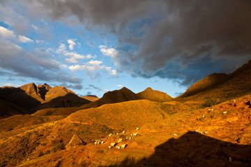 Mountain valley lit by evening sun