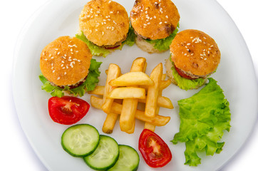 Plate with burgers and french fries