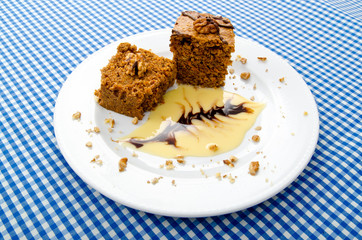 Cake with sweet sauce in plate