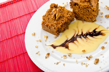 Cake with sweet sauce in plate