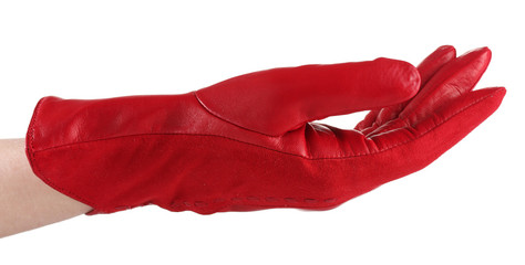 women hand in red leather glove isolated on white