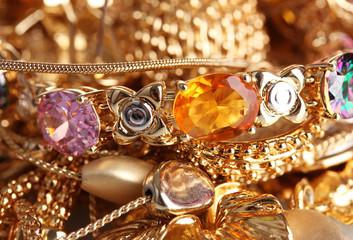 Various gold jewellery closeup