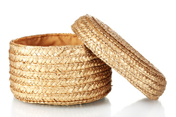 decorative empty wicker basket with lid isolated on white