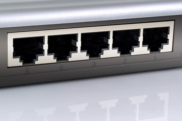 Network switch plugs closeup.