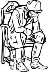 sketch of a man in boots sitting and sleeping in a chair