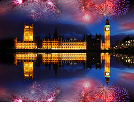 Big Ben with firework in London, UK