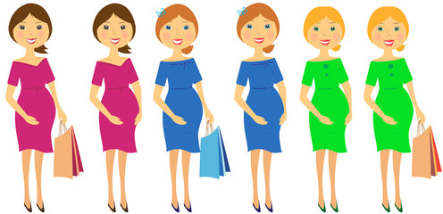 set of beautiful pregnant womans in colorful dress