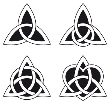 Four celtic triangle knots used, for decoration or tattoos. Endless basket weave knots, known for use in ornamentation of Christian monuments and manuscripts. Illustration on white background. Vector.