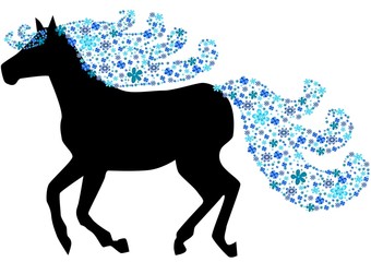 Black silhouette of horse with floral mane