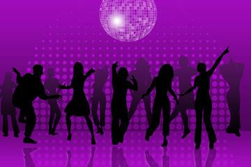 Naklejka na ściany i meble Dancer silhouettes in the night club,with disco ball