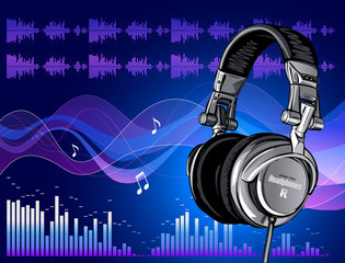 Headphones on blue abstract background