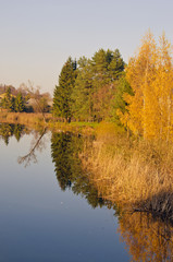 Lake with reflection of colored leaves trees.