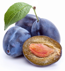 Group of plums with leaf.