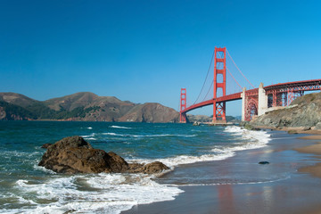 The Golden Gate Bridge in San Francisco with rocks