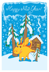 Dragon in a winter landscape with a house