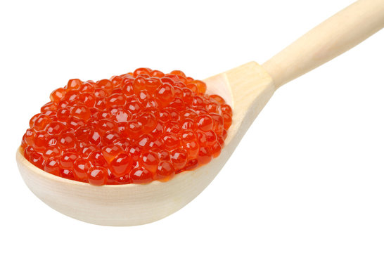 salmon caviar in a wooden spoon