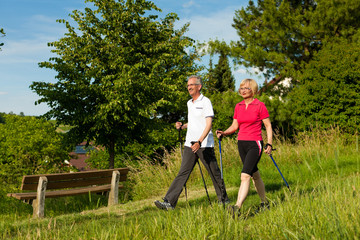 Glückliches älteres Paar beim Nordic Walking im Summer