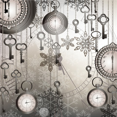 Silver New Year background with antique clocks and keys