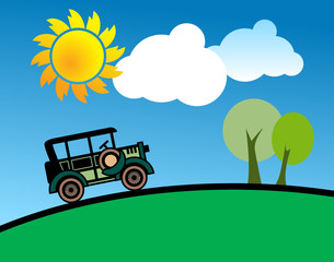 Car in spring sunny landscape, vector illustration