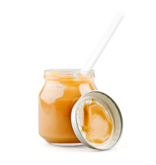 Open baby puree with spoon