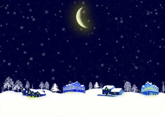 Obraz na płótnie Canvas Christmas night and the house on snow hills