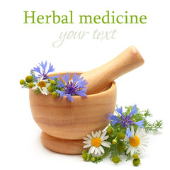 Herbal medicine and treatment - camomile, cornflowers, mortar on