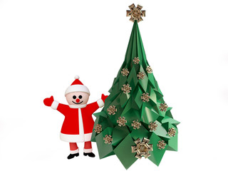 Funny Santa Claus near Decorated Christmas Tree in 3D