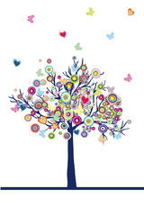 Abstract colored tree with hearts, circles and butterflies